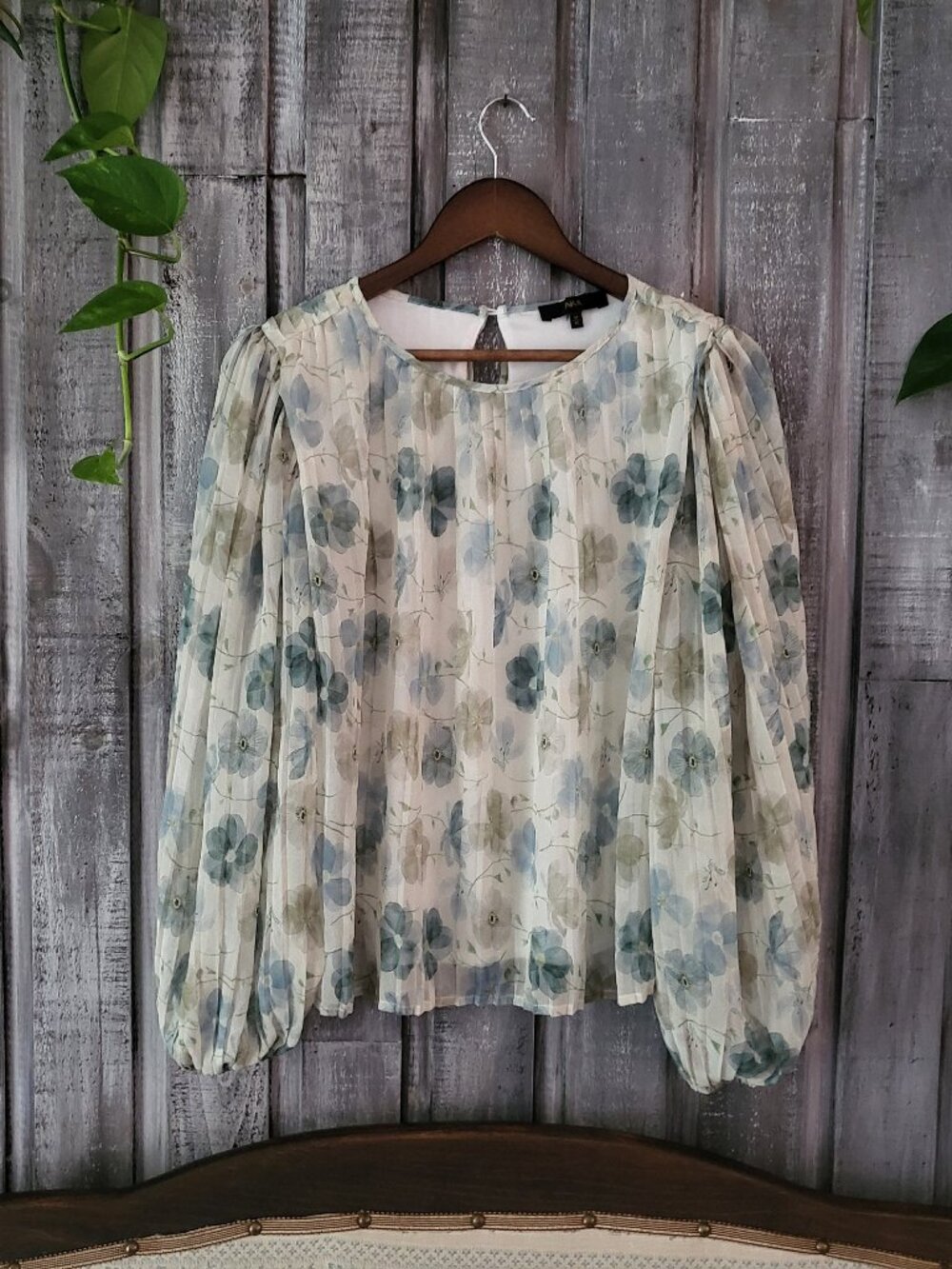 Floral Chiffon Pleated Blouse Balloon Sleeve Top Medium